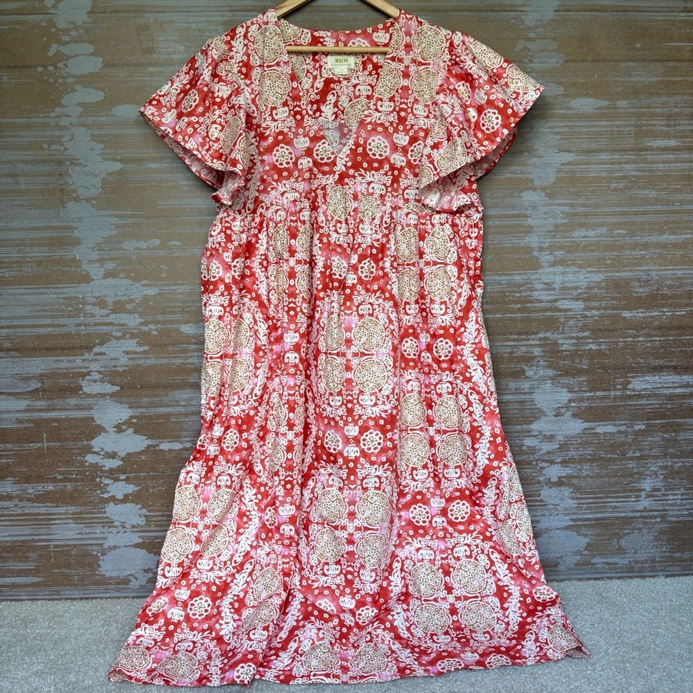 Anthropologie Maeve Printed Flutter Sleeve Midi Dress Hawaiian Boho Womens L - Picture 2 of 6